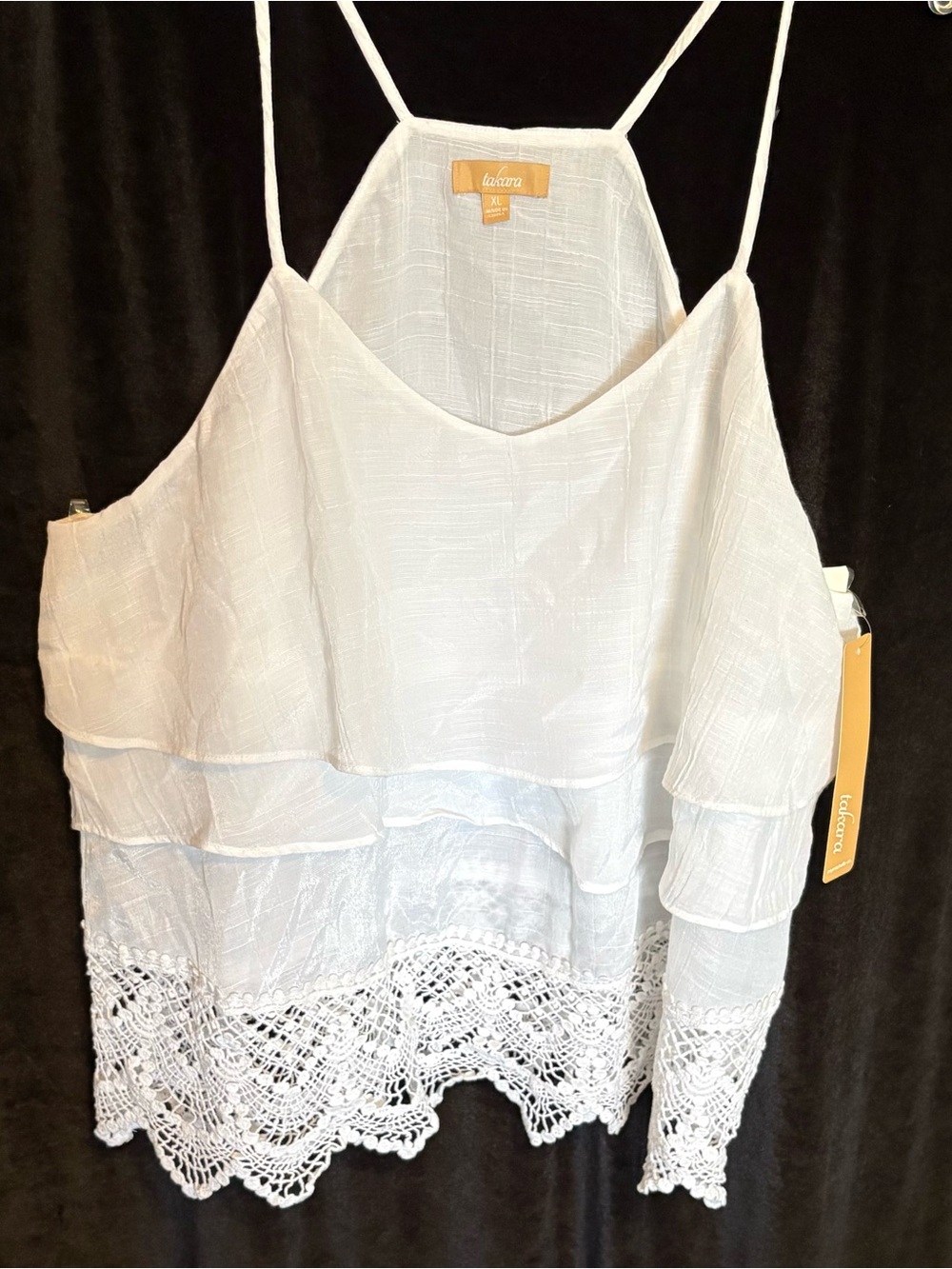 Takara White Layered Crochet-Hem Tank Top XL